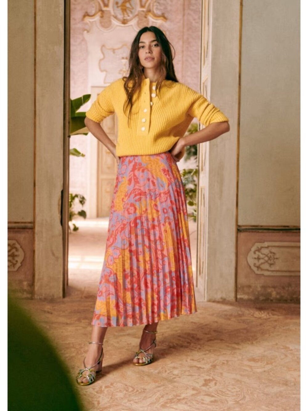 NWT Sezane Dune in Wonderland Print Pleated Chiffon A-line Midi Skirt 36 / US 4
